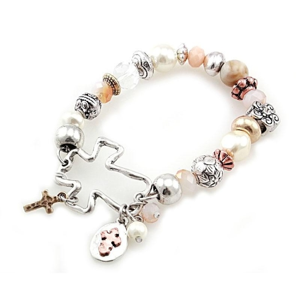Cross w/ mix bead & pearl bracelet